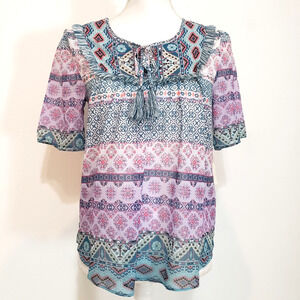 NEW!! Farmers Market Women XS Multicolor Fringe Boho Pheasant Blouse Semi Sheer